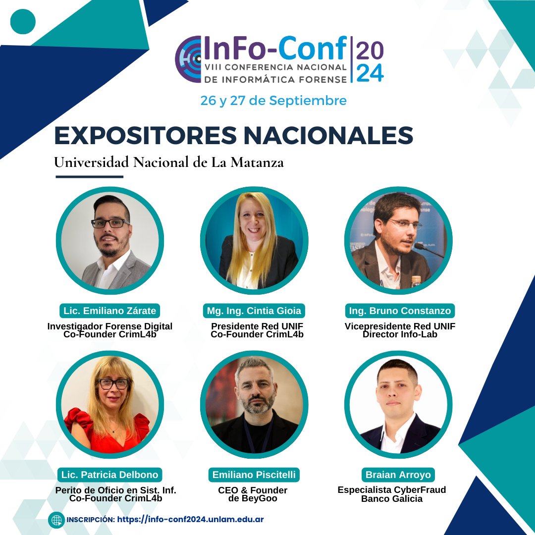 Sumate a la INFO-CONF 2024- 26 y 27 Septiembre

Disertantes 
-Emiliano Zárate <a href="/EmilianoAZarate/">Emiliano Zarate</a>
-Cintia Gioia <a href="/GioiaCintia/">Cintia V. Gioia</a>
-Bruno Constanzo <a href="/bruno_constanzo/">🐚 Bruno Constanzo (@bconstanzo@infosec.exchange)</a>
-Patricia Delbono <a href="/theartofthewar/">Patricia Delbono</a> 
-Emiliano Piscitelli <a href="/emilianox/">Emiliano Piscitelli</a> 
-Braian Arroyo <a href="/Arroyobca/">Braian Arroyo</a>

✏️ info-conf2024.unlam.edu.ar