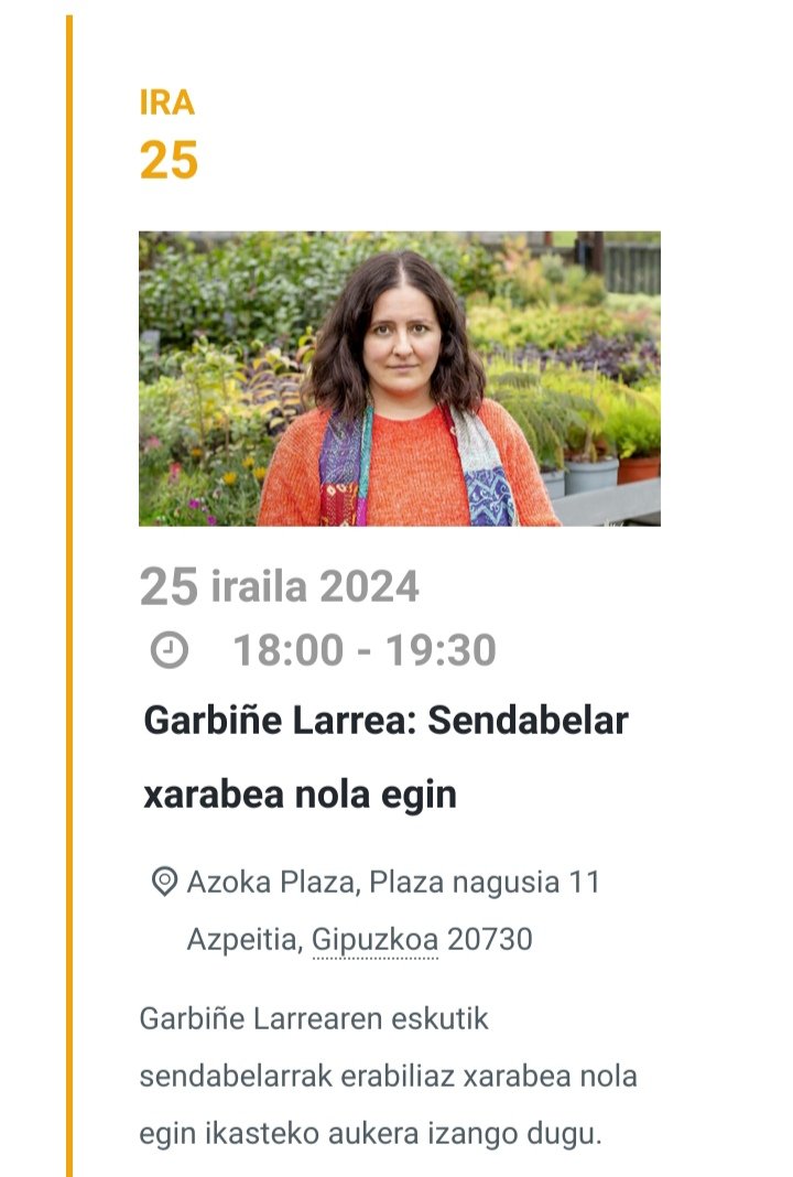"Sendabelar xarabea nola egin" ikastaroa <a href="/Gar2Larrea/">Garbiñe Larrea Iturralde</a> -ren eskutik. Izen ematea eta info+; 
elikagunea.eus/agenda/
<a href="/AzokaPlaza/">Azpeitiko Azoka Plaza</a>