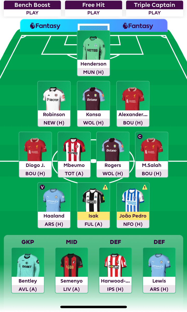 FPL_EP's tweet image. This week feels like a roll and reassess with 2FT and likely WC somewhere between 6 and 8.  I think Rico gets sub minutes at best against Arsenal and I’m worried about Isak/JP availability and Mbeumo/Jota’s roles … but who really knows.  Hold this week then major surgery 😷😝