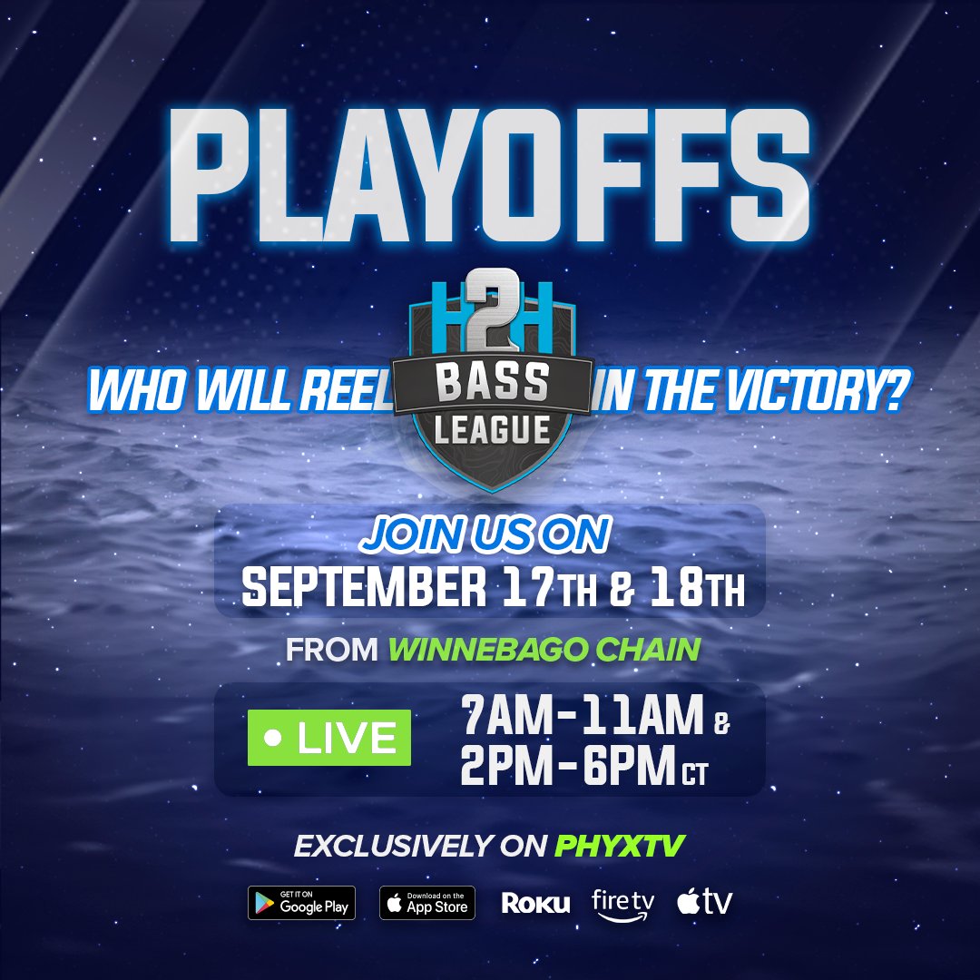 🏆 Who will reel in the victory at the H2H Bass Playoffs? 🎣 Watch live from Winnebago Chain on Sept 17th &amp; 18th! Don’t miss the action from 7 AM-11 AM &amp; 2 PM-6 PM CT, streaming exclusively on PHYXTV #BassFishing #H2HBass #WinnebagoChain #FishingPlayoffs #LiveFishing #PHYXTV