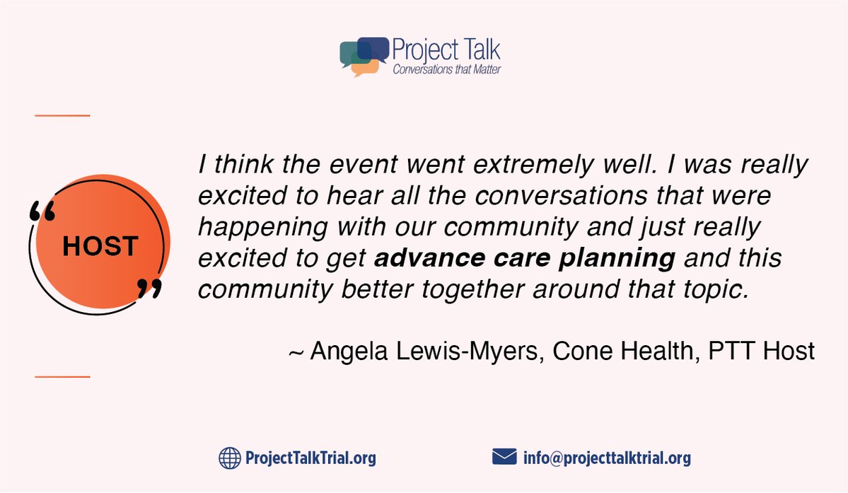 Project Talk Trial (@_projecttalk) on Twitter photo "...I was really excited to hear all the conversations that were happening with our community & just really excited to get #advancecareplanning & this community better together around that topic." <a href="/ConeHealth/">Cone Health</a>
Start more #ACP conversations & become a host: projecttalktrial.org "...I was really excited to hear all the conversations that were happening with our community & just really excited to get #advancecareplanning & this community better together around that topic." <a href="/ConeHealth/">Cone Health</a>
Start more #ACP conversations & become a host: projecttalktrial.org