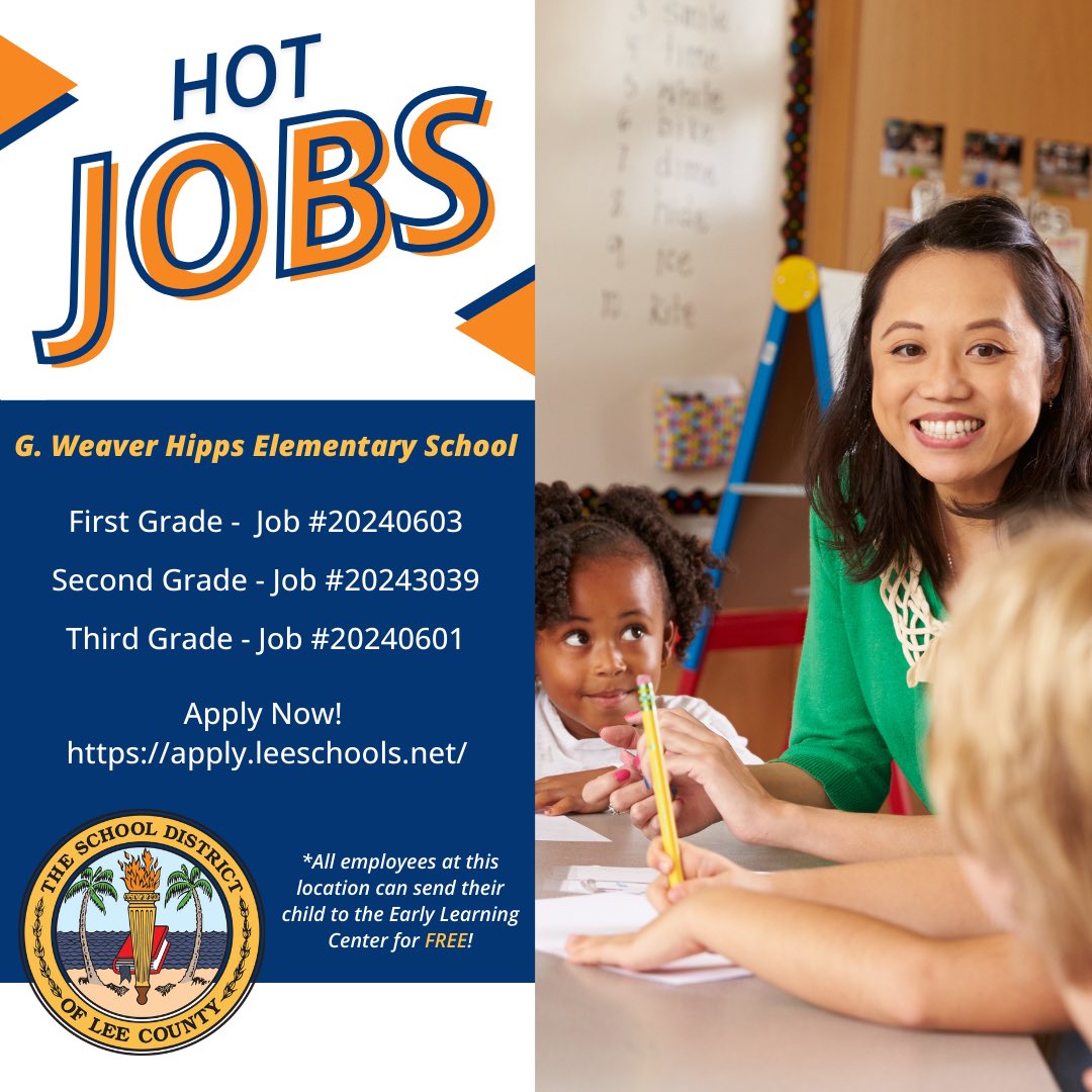 G. Weaver Hipps Elementary School is looking for talented educators! One of the incredible perks for working at this school is you can bring your child to the Early Learning Center for FREE! Please apply at apply.leeschools.net.

#hiring #hiringteachers #education #careers