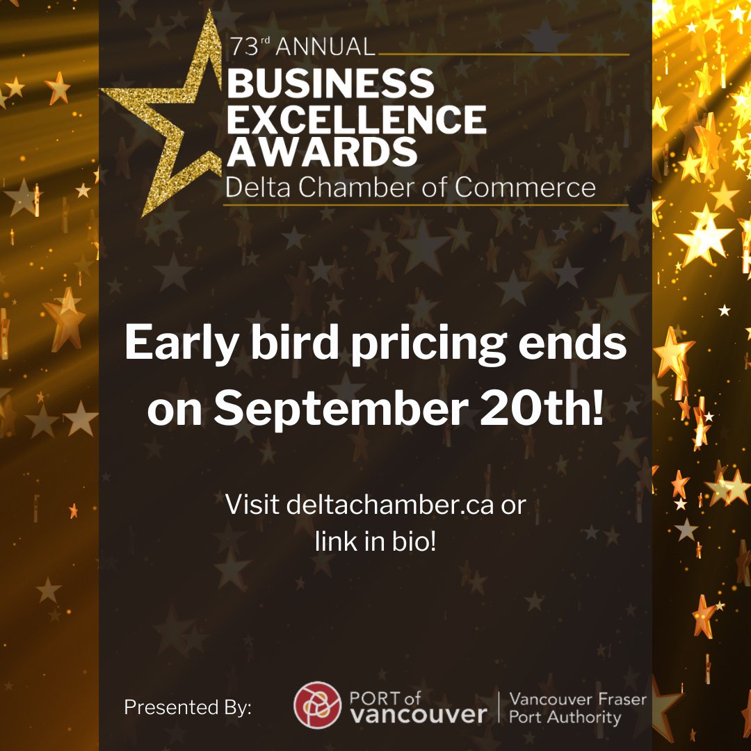 Early Bird Pricing for the Business Excellence Awards Gala ends on September 30th!🏆 Don’t miss out on celebrating our amazing finalists at the event of the year!✨ 

Get your tickets now and save!🎟️#DeltaBEA business.deltachamber.ca/event/Details/…