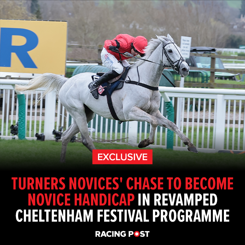 RacingPost's tweet photo. 🚨 Exclusive: The Turners Novices’ Chase will lose its Grade 1 status and become an open novice handicap chase at next year’s Cheltenham Festival as part of a revamped racing programme

Read with Members' Club Ultimate 👇