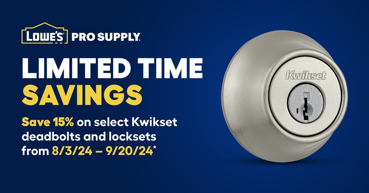 LowesProSupply's tweet image. Final chance to save 15% on select Kwikset products ending September 20th. Visit lps.pro/3ASPSnY to shop deadbolts, locksets and more. 

#DoorHardware
#DoorLocks
#Locksets
#MultiFamily
#Hospitality
#StudentHousing
#WeSupplyThePros
#ProGradeProducts
#LowesProSupply