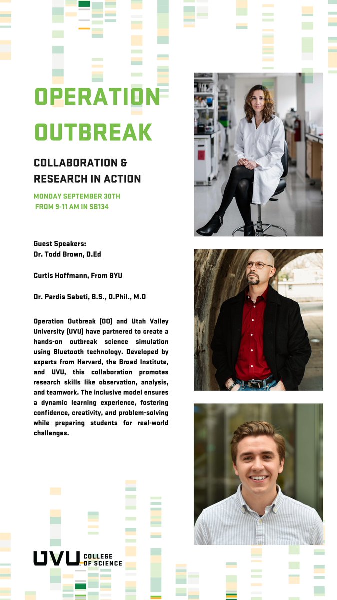 Utah Valley University Biology Department (@uvubiology) on Twitter photo Hey <a href="/UVU/">UVU</a>
Join us for upcoming seminar hosted by <a href="/UVUBiology/">Utah Valley University Biology Department</a> & College of Science:
"Operation Outbreak: Collaboration and Research in Action"
Sept 30 from 9-11am in SB134.
Welcome guest speakers: Dr. Pardis Sabeti, Dr. Todd Brown, and Curtis Hoffmann
<a href="/UVUNews/">UVU News</a> <a href="/uvustudents/">UVUSA</a> Hey <a href="/UVU/">UVU</a>
Join us for upcoming seminar hosted by <a href="/UVUBiology/">Utah Valley University Biology Department</a> & College of Science:
"Operation Outbreak: Collaboration and Research in Action"
Sept 30 from 9-11am in SB134.
Welcome guest speakers: Dr. Pardis Sabeti, Dr. Todd Brown, and Curtis Hoffmann
<a href="/UVUNews/">UVU News</a> <a href="/uvustudents/">UVUSA</a>