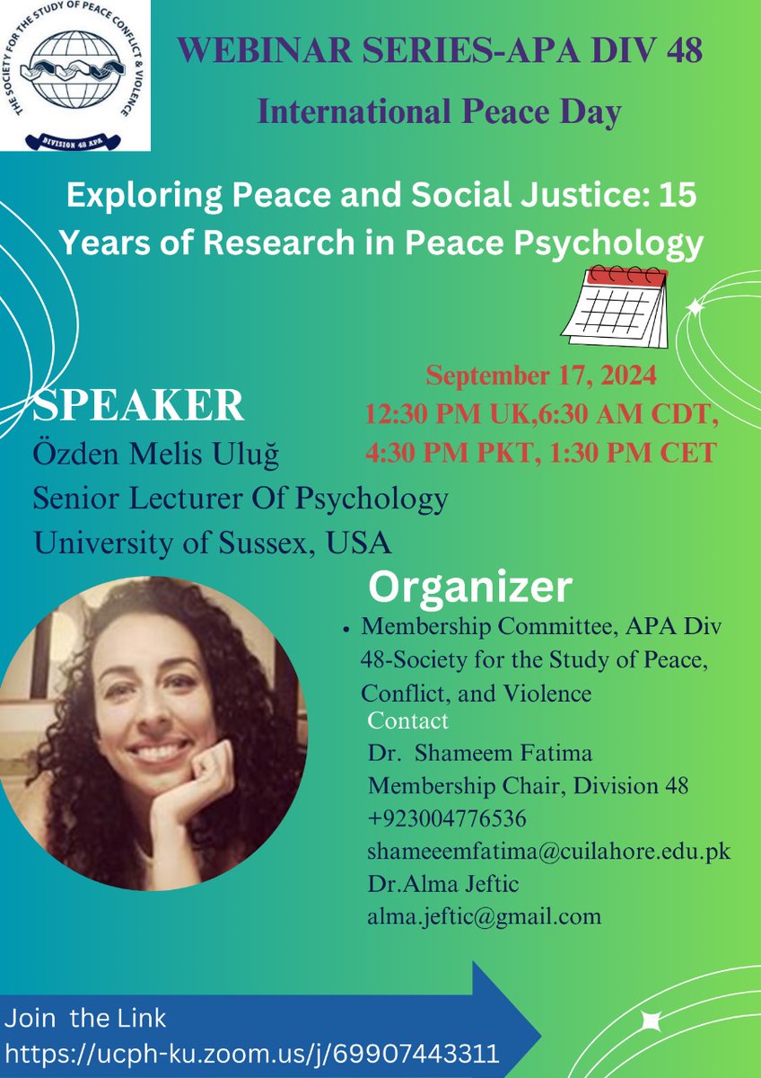 Roy Eidelson (@royeidelson) on Twitter photo Tomorrow, September 17th, <a href="/melisulug/">Melis Uluğ</a> will share her peace psychology work as part of a week-long series of free webinars sponsored by the membership committee of <a href="/APA/">American Psychological Association</a>'s Division 48 (Peace Psychology). Please join us! ucph-ku.zoom.us/j/69907443311 Tomorrow, September 17th, <a href="/melisulug/">Melis Uluğ</a> will share her peace psychology work as part of a week-long series of free webinars sponsored by the membership committee of <a href="/APA/">American Psychological Association</a>'s Division 48 (Peace Psychology). Please join us! ucph-ku.zoom.us/j/69907443311