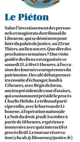 Merci à ⁦<a href="/SO_Libourne/">Sud Ouest Libourne</a>⁩ et bravo à notre dynamique cheffe de cabinet ⁦<a href="/MPassette/">Manon Passette</a>⁩ ! Il reste encore quelques places pour la visite du tribunal samedi. Venez nombreux ! Inscription : chcab.tj-libourne@justice.fr #JEP2024