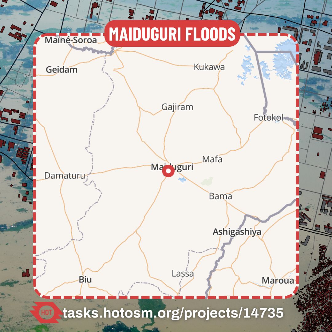 🚨 Mappers needed🚨 

Support <a href="/MSF/">MSF International</a> and the Nigeria Red Cross (<a href="/nrcs_ng/">Nigerian Red Cross Society HQ</a>) response to the flooding in Maiduguri, Nigeria. Data is needed to help hundreds of thousands of flood-affected people! buff.ly/4d5R2d3