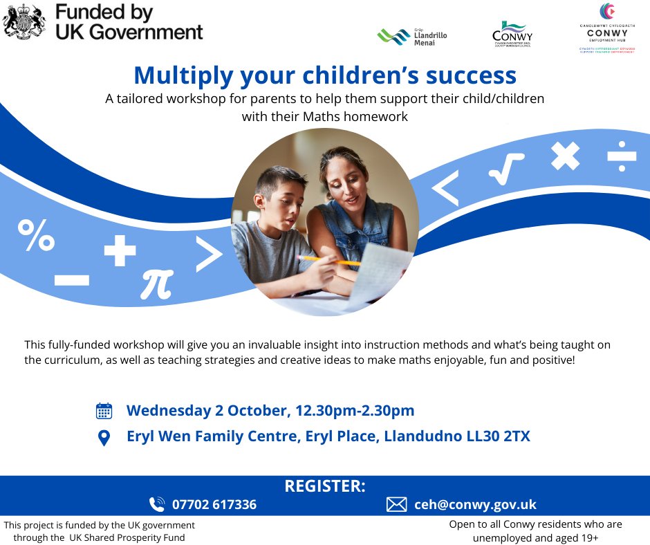 ConwyEmployment's tweet image. 🧮 Parents of all ages, we&apos;ve got something special for you! On Wed 2 Oct, join us at Eryl Wen Family Centre for a fully-funded workshop to boost your child&apos;s Maths learning experience! Discover curriculum insights, fun teaching strategies, and more! #MathsSupport #FamilyLearning