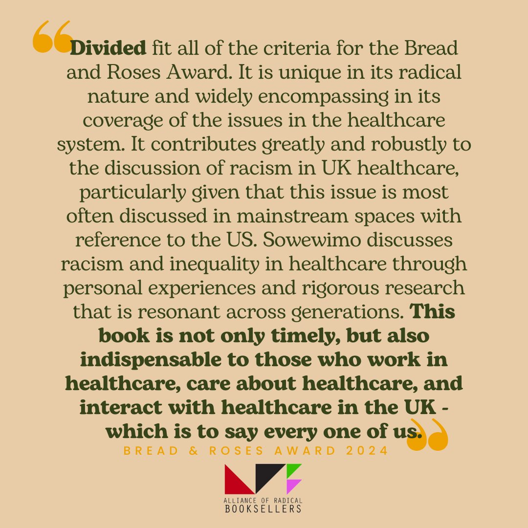 Divided by <a href="/SoSowemimo/">Dr Annabel</a> fit all of the criteria for the Bread and Roses Award. It is unique in its radical nature and widely encompassing in its coverage of the issues in the healthcare system - both timely and indispensable.

#BreadAndRosesAward #RadicalPublishing