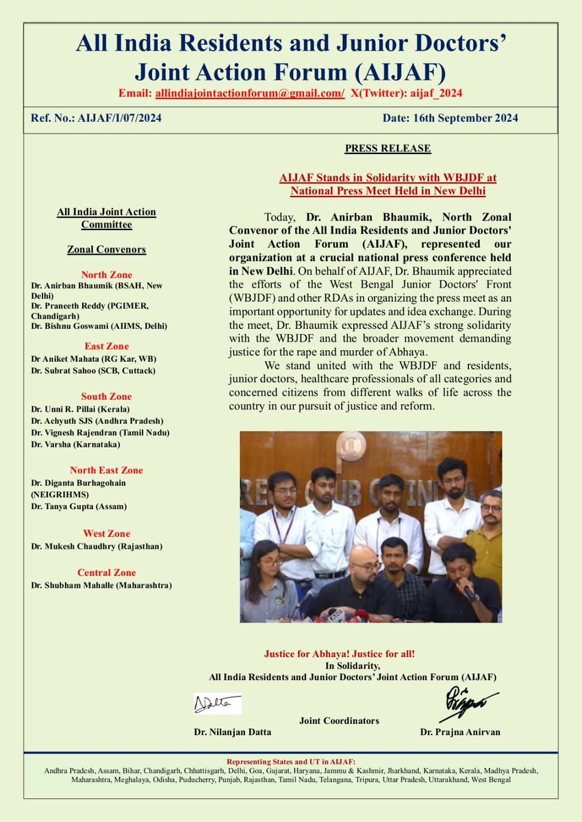 ♦️ NATIONAL PRESS MEET AT NEW DELHI♦️ 
AIJAF expresses solidarity with WBJDF!
After today's press meet in New Delhi, 16th September 2024
<a href="/aijaf_2024/">All India Residents Junior Docs Joint Action Forum</a>