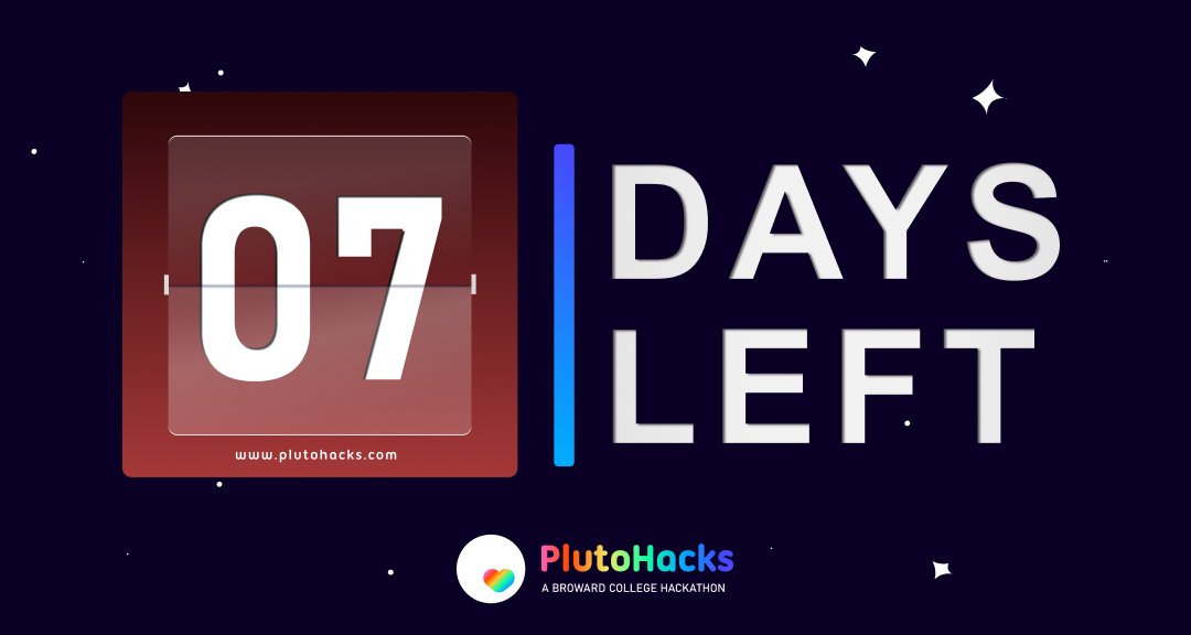 One week to go before PlutoHacks! Join us and students from all over Florida for an exciting weekend.
Visit: plutohacks.com

#hackathon #PlutoHacksBC #RiseCodeOvercome #BCProud #innovation