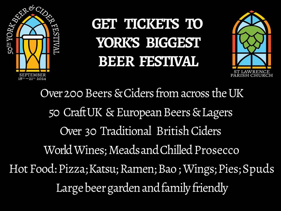 Set in the spectacular St Lawrence Church - you don't want to miss York's biggest beer festival of the year - 200+ beers and ciders to choose from over 4 days from this Wed 18th  Sept 
Advance tickets give you 50% discount FirstBus travel to the festival
tckty.camra.org.uk/.../york-beer-…