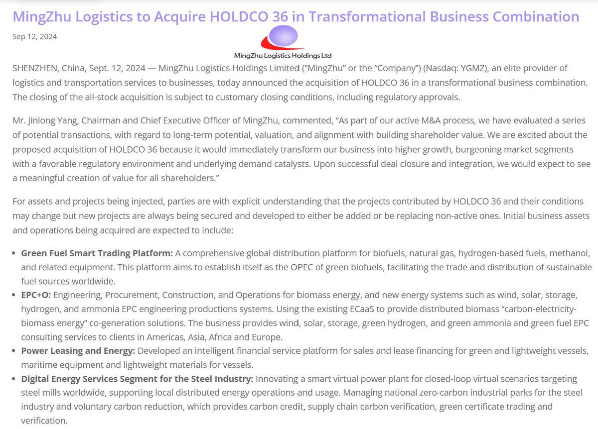 $YGMZ OUR LATEST PRESS:
MingZhu Logistics to Acquire HOLDCO 36 in Transformational Business Combination
Mr. Jinlong Yang, Chairman and CEO stated,
"We are excited about the proposed acquisition of HOLDCO 36 because it would immediately transform our business into higher growth."