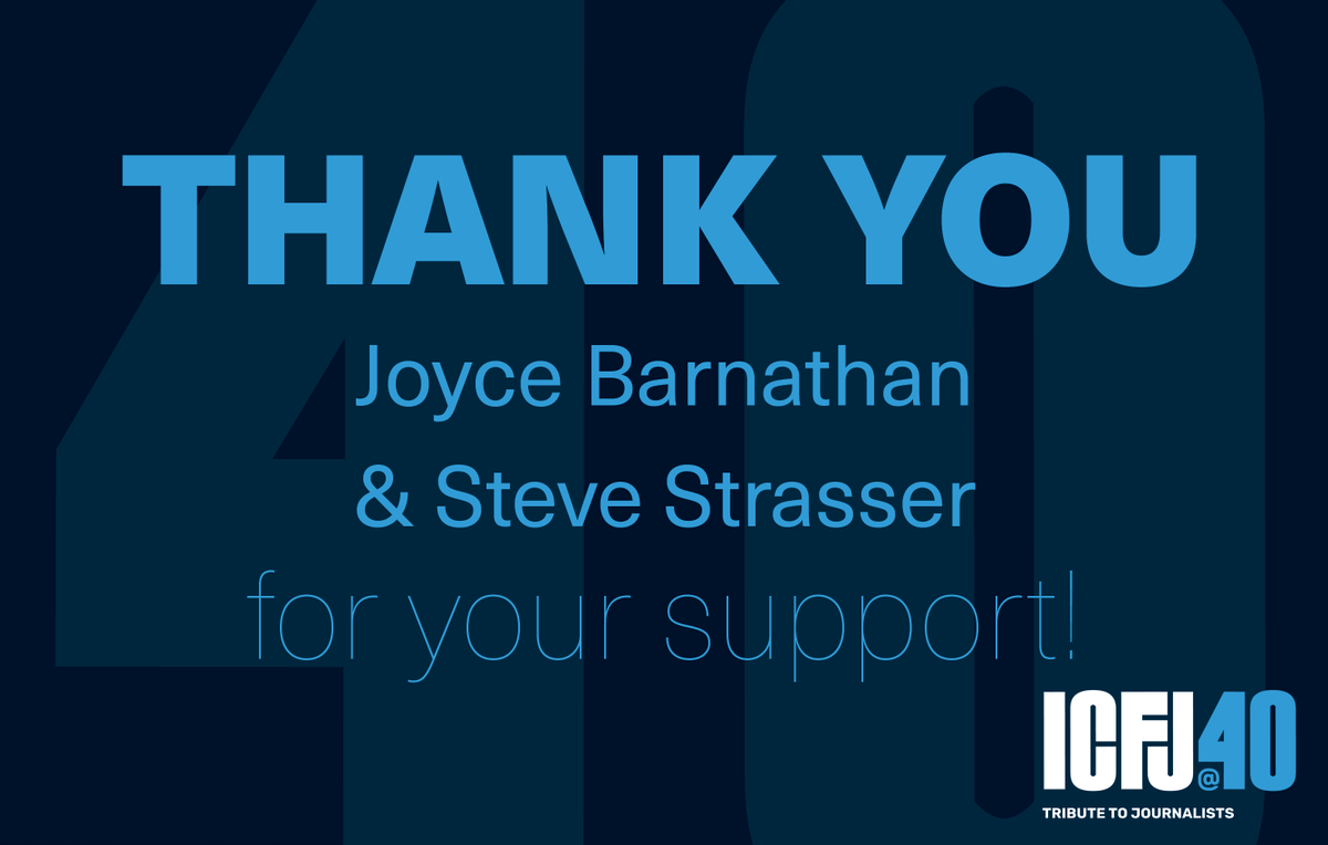 International Center for Journalists (@icfj) on Twitter photo We are so grateful to <a href="/JBarnathan/">Joyce Barnathan</a> & Steve Strasser for their Silver sponsorship of our 2024 Tribute to Journalists. You are making our work possible! We are so grateful to <a href="/JBarnathan/">Joyce Barnathan</a> & Steve Strasser for their Silver sponsorship of our 2024 Tribute to Journalists. You are making our work possible!