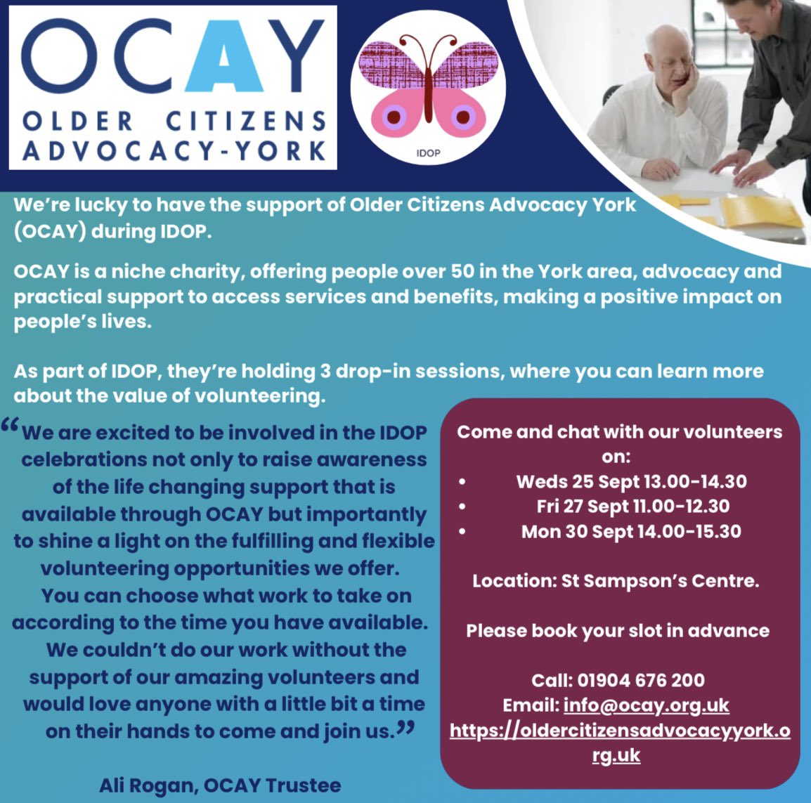 We are joyed to introduce our partner <a href="/OcayYork/">Older Citizens Advocacy York</a> York joining us on IDOP.

For more information please visit our website: yorkassembly.org.uk/idop/

#internationaldayofolderpeople #IDOP #oldercitizen #oldercitizensadvocacyyork #York