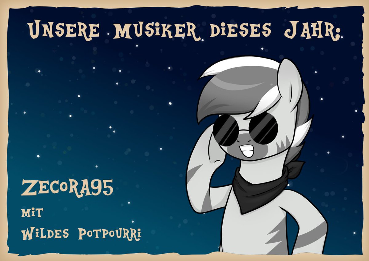 Zeit die Musiker für das Derpyfest anzukündigen!

Wir starten mir unserer Ex-Orga <a href="/Lukadora/">Zecora</a> 
Er wird uns mit seinen Parodien wieder ein 1 nices Bühnenprogramm liefern 🥳