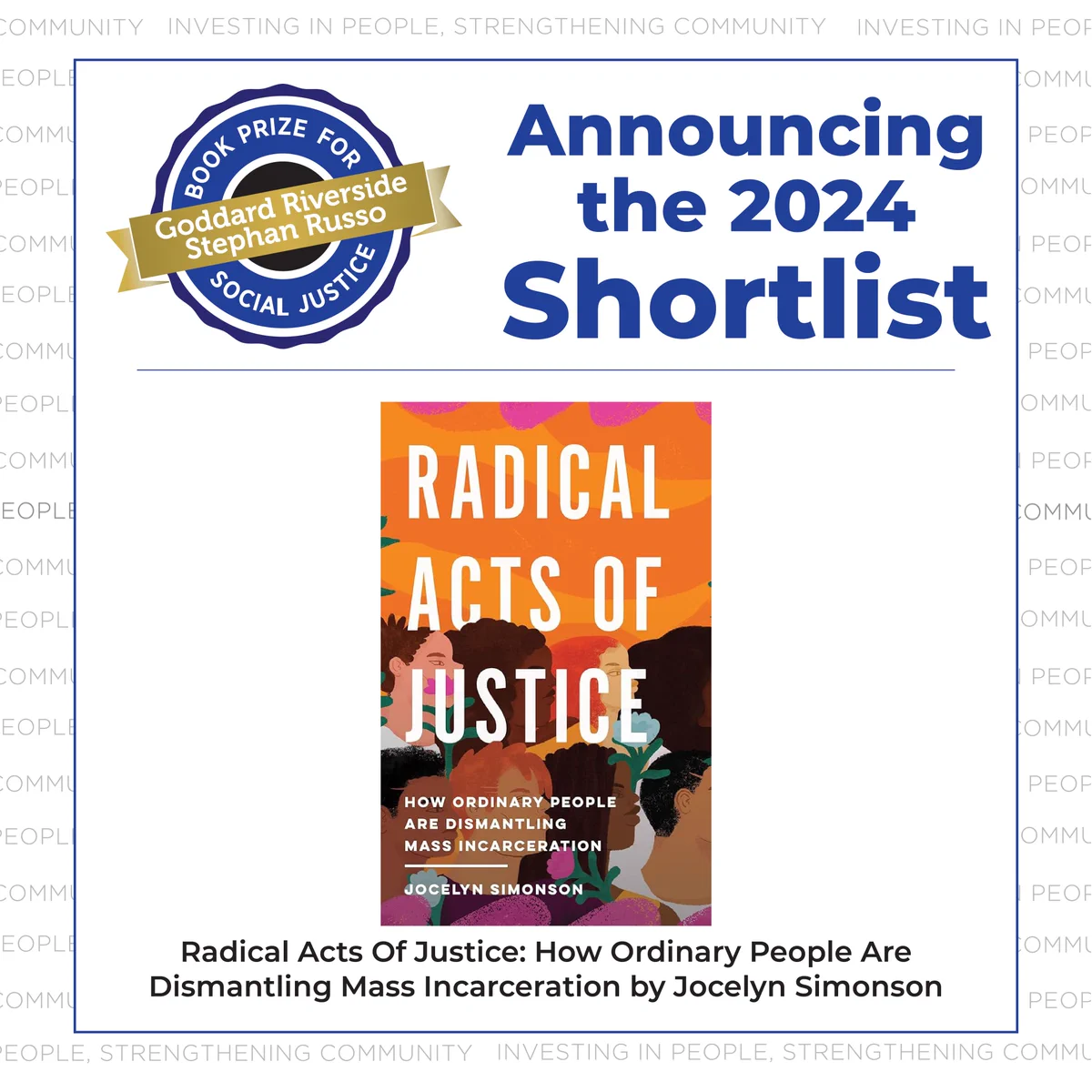 Radical Acts of Justice cover with the words Announcing the 2024 Shortlist and a book prize logo