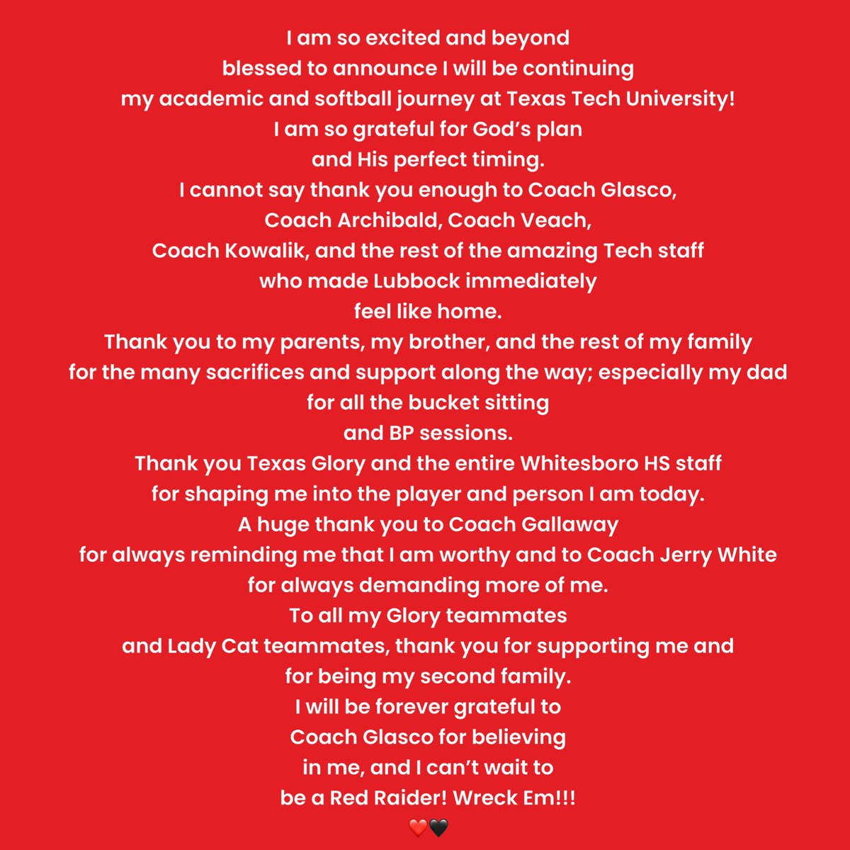 AveryJHowerton6 (@ahowerton6) on Twitter photo Beyond blessed to be future Red Raider! #WreckEm #ShredIt
❤️🖤❤️🖤<a href="/TexasTechSB/">Texas Tech Softball</a> <a href="/GerryGlasco/">Gerry Glasco</a> <a href="/CoachVeach/">Hunter Veach</a> <a href="/CoachArchibald/">Tara Archibald</a> <a href="/kswaggyyyy/">kayla kowalik</a> <a href="/TexasGlory/">Texas Glory</a> Beyond blessed to be future Red Raider! #WreckEm #ShredIt
❤️🖤❤️🖤<a href="/TexasTechSB/">Texas Tech Softball</a> <a href="/GerryGlasco/">Gerry Glasco</a> <a href="/CoachVeach/">Hunter Veach</a> <a href="/CoachArchibald/">Tara Archibald</a> <a href="/kswaggyyyy/">kayla kowalik</a> <a href="/TexasGlory/">Texas Glory</a>