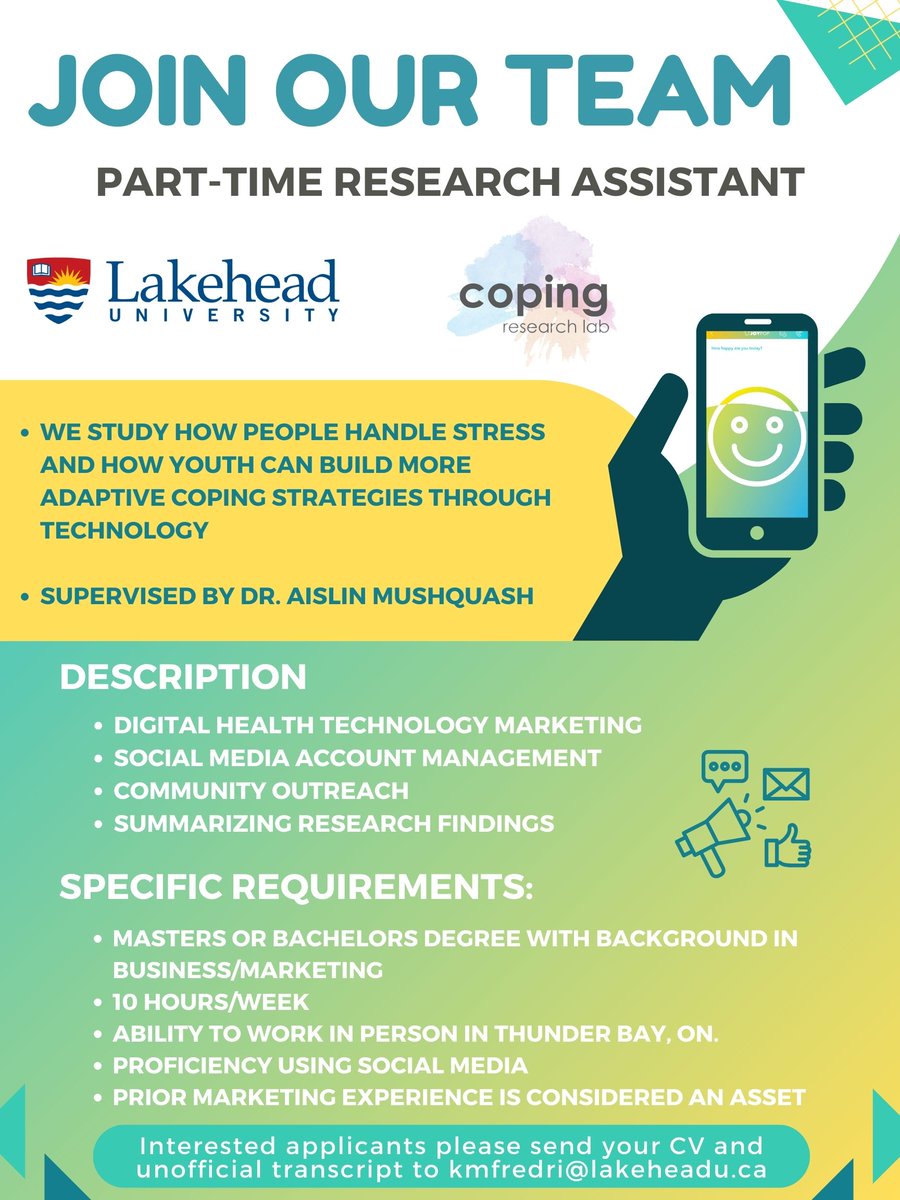 CopingLab's tweet image. The Coping Research Lab is growing - we&apos;re recruiting a @mylakehead  research assistant!
@AislinMushquash