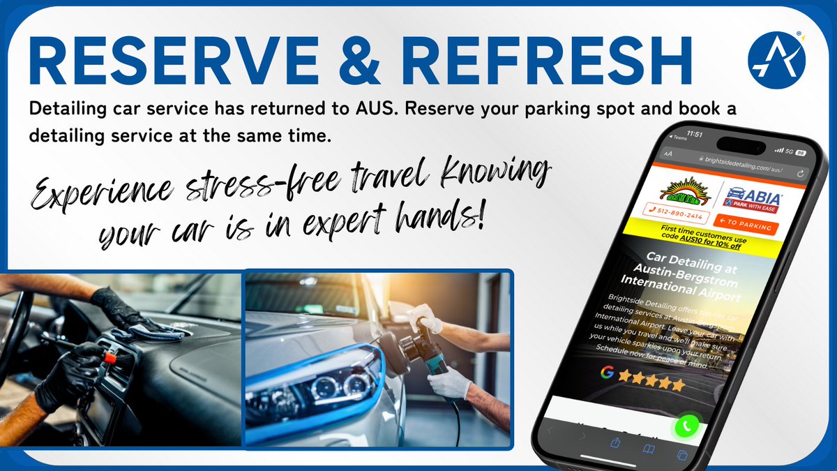 AustinAirport's tweet photo. Planning to park at AUS anytime soon? 🚗 You could also plan to come back from your trip to a polished, practically new car! ✨ 

Reserve a spot &amp; shine through our parking reservation system, https://t.co/mDJ7ko3b4v or visit Brightside Detailing at https://t.co/tKcNKbVfp0. https://t.co/e4ZeAfK9MI