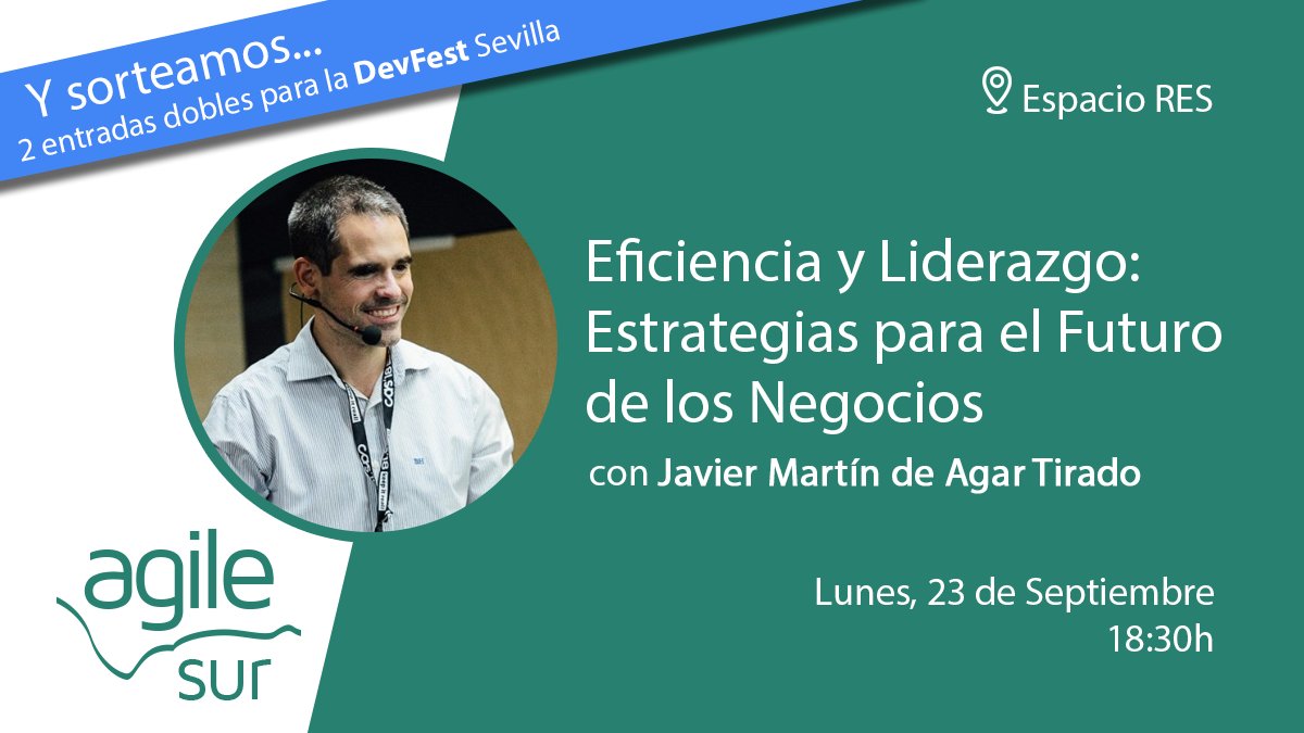 El lunes que viene tendremos a <a href="/javimartinagar/">Javier Martín de Agar Tirado</a> en Sevilla para hablarnos de #eficiencia y #liderazgo en nuestro próximo evento.

meetup.com/agile-sur/even…

Además, sortearemos dos entradas dobles para la DevFest Sevilla.

#agilidad #agile #scrum #sevilla #agilesur
