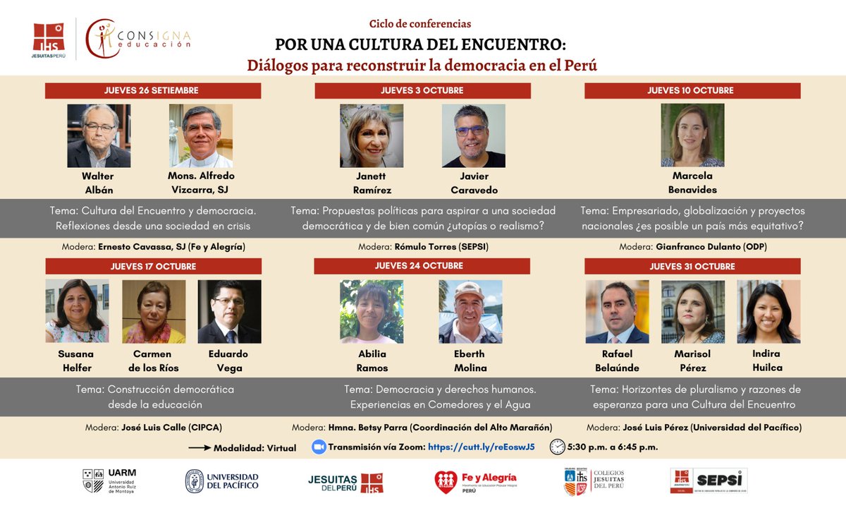 edugestores's tweet photo. #CONSIGNAEducación
Los invitamos a participar del Ciclo de conferencias "Por una Cultura del Encuentro"

🗓️ Todos los jueves: desde el 26 de setiembre hasta 31 de octubre

⏰5:30 a 6:45 p.m.   

👉Inscripciones: https://t.co/O5AZzU9XFz 

📌Se entregará constancia de participación https://t.co/502DQikYIY