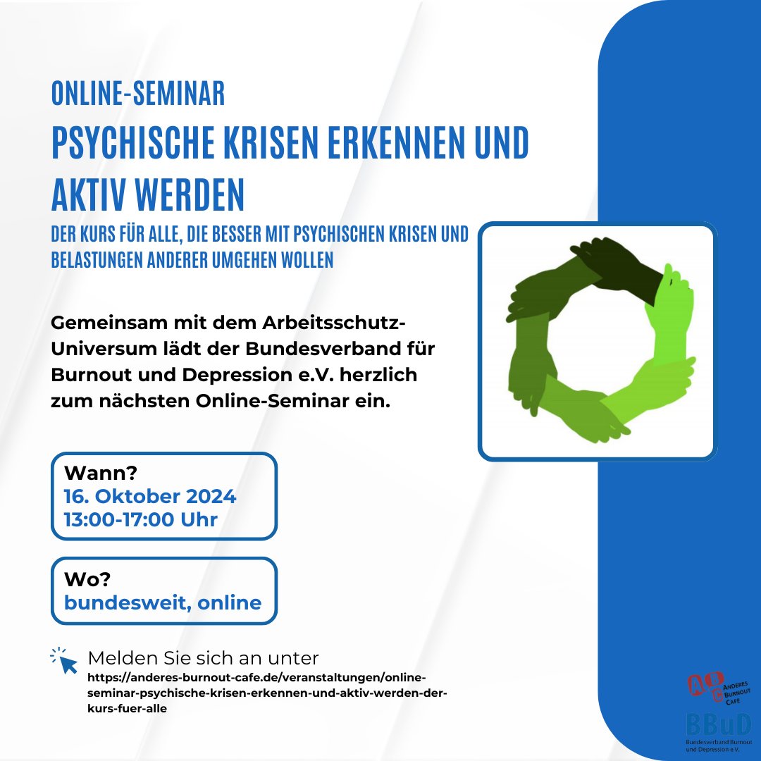 Psychische Krisen erkennen und aktiv werden 👥
Ein Seminar mit dem Ziel, Menschen in eine stabile psychische Seitenlage zu bringen  und den Teilnehmenden die notwendige Sicherheit zu geben, um handeln zu können.

Anmeldung unter bit.ly/4eqjw2o