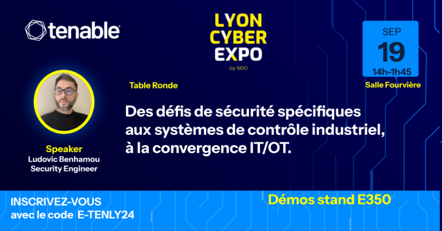 Minaperrot's tweet photo. Rejoignez-moi le 19 septembre à 14h, salle Fourvière, pour la table ronde dédiée aux défis de sécurité des systèmes industriels et à la convergence IT/OT. Comment adresser ces défis avec Tenable OT Security ? RDV stand E350 pour une démo et plus. https://t.co/mmbBXPEI1e https://t.co/qrP4Q6PeBH