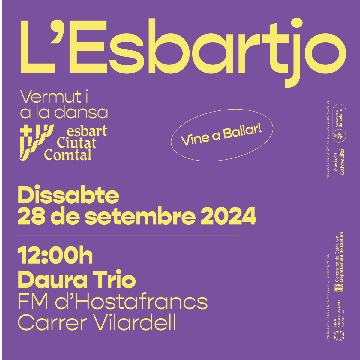 esbartciutatcom's tweet photo. 🎉 Dissabte 28 de setembre a les 12h, ens trobem al c. Vilardell per celebrar la #FMHostafrancs #Fem165 amb vermut! 🍸 Música en directe de Daura Trio 🎶 i servirem #LaMagraneta, la beguda de la festa. No t’ho perdis! 💃🎉 #Esbartjo #CanPedró https://t.co/LMoZ183WNy