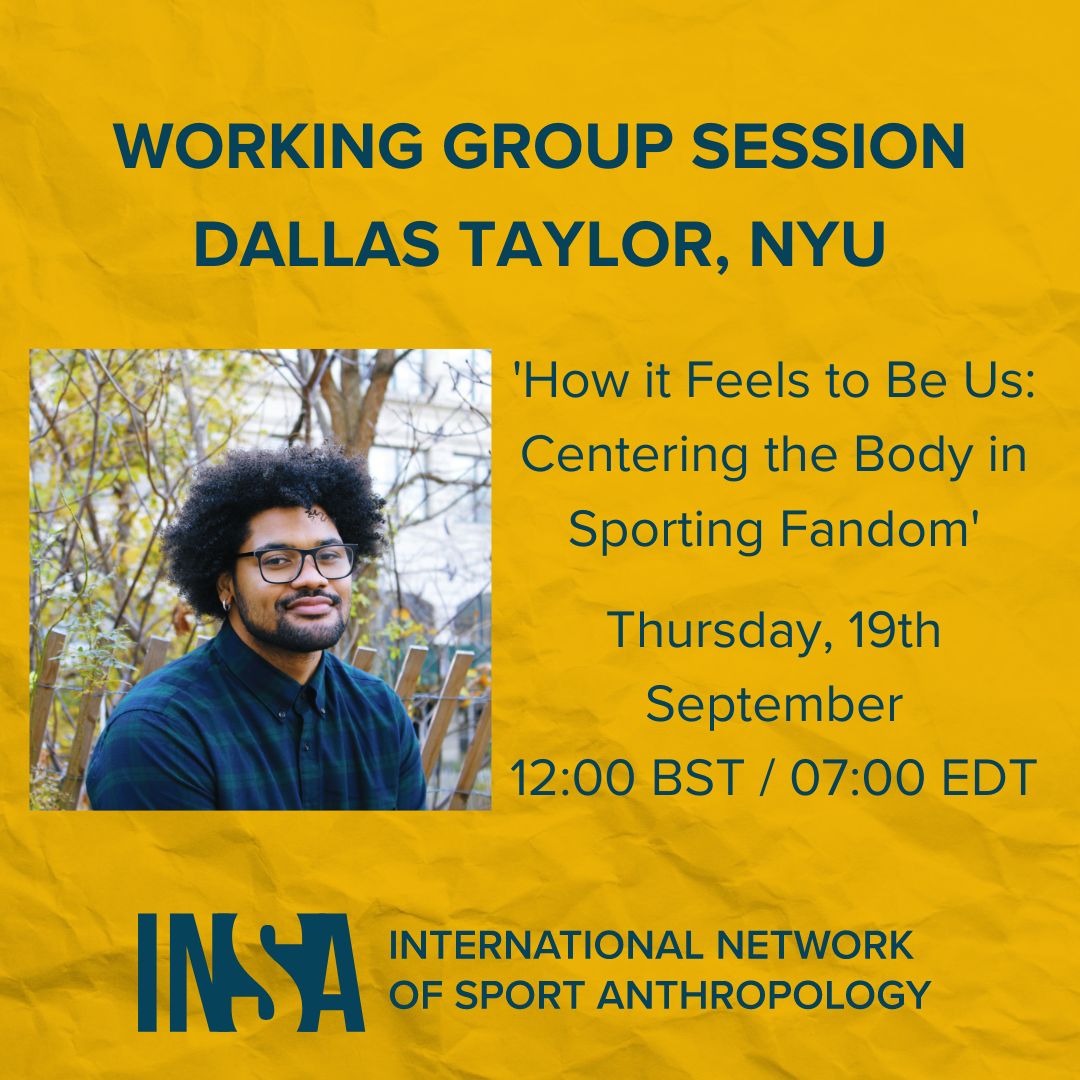 Our first working group session of the autumn term will be this Thursday, 19th September. Dallas Taylor will be presenting a paper on sporting fandom.

To find out more, visit sportanthro.org/join