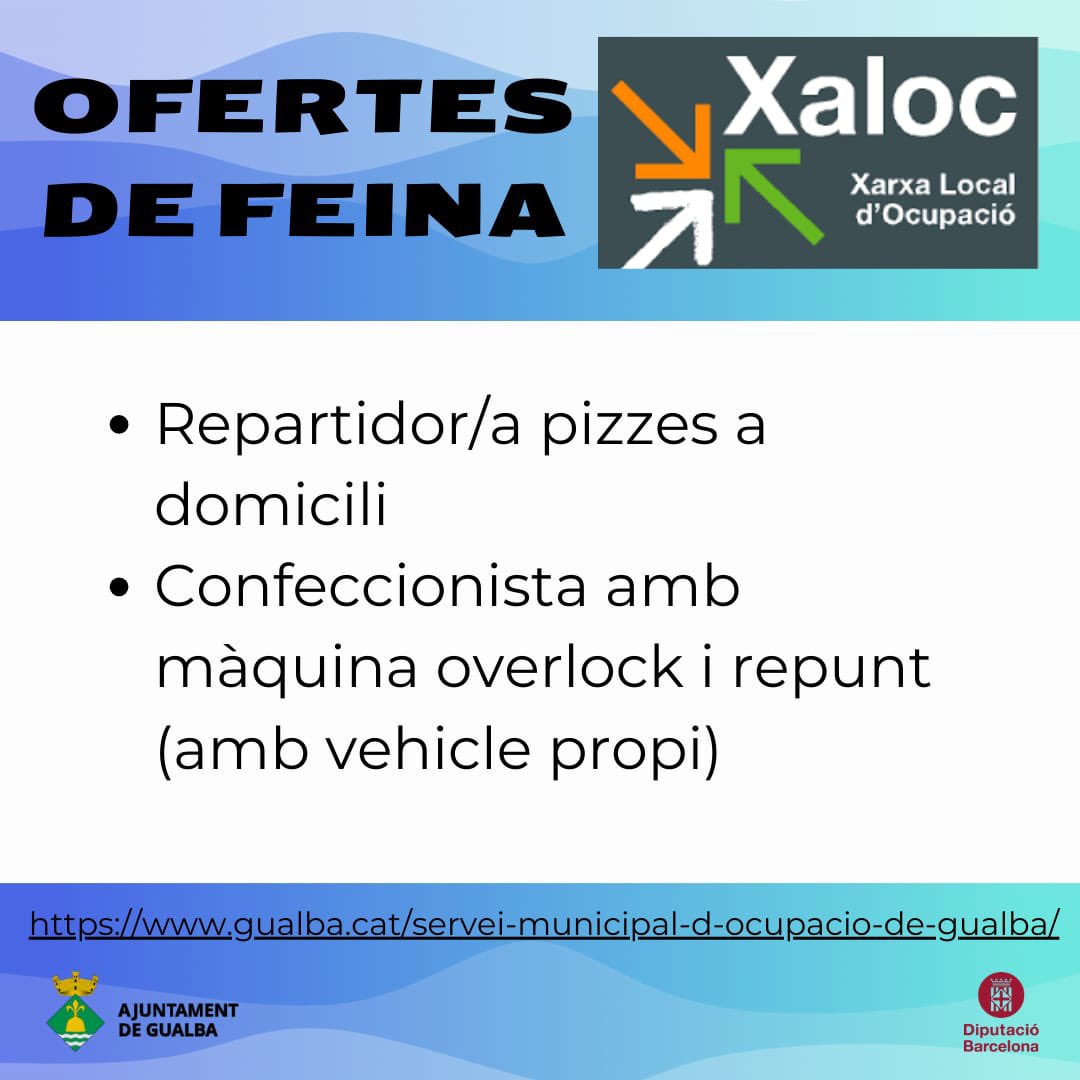 gualbainfo's tweet photo. Us adjuntem algunes ofertes de feina que us proposa el Servei Municipal d'Ocupació per aquesta setmana. Per a més informació: https://t.co/92x88sdJJU

Les inscripcions s'han de fer, de manera temporal, a saxsala@santceloni.cat https://t.co/Gum1KnjXiU