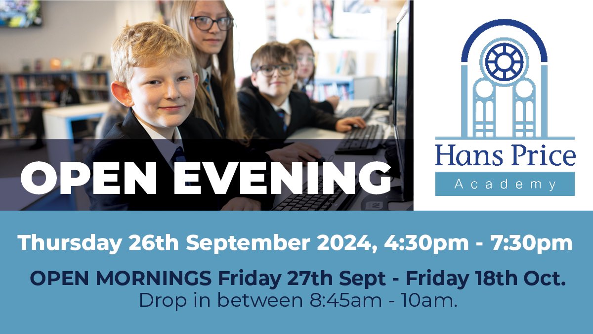 We’re delighted to invite you to our Open Evening on Thursday, September 26th, from 16:30 to 19:30. Join us to explore the great things happening at Hans Price Academy!!

hanspriceacademy.clf.uk/open-event/