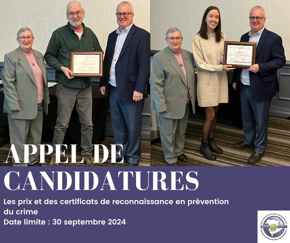 CPANB_APCNB's tweet photo. Nominations are open for the annual Crime Prevention Awards &amp; Certificates of Recognition! Visit:  https://t.co/j4gBGlyWZe
Les nominations sont ouvertes pour les prix annuels de prévention du crime et les certificats de reconnaissance ! Visitez : https://t.co/SsVgqabcNQ https://t.co/nRtMdIuzn1