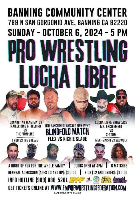 RyanKiddPro's tweet image. 🚨OCTOBER 5TH🚨

“Mr. Excitement” returns to The Empire Wrestling Federation on Sunday October 5th in Banning, CA as a part of an absolutely stacked card alongside all of your EWF favorites!

Come join us for an incredible evening of family friendly Pro Wrestling action!