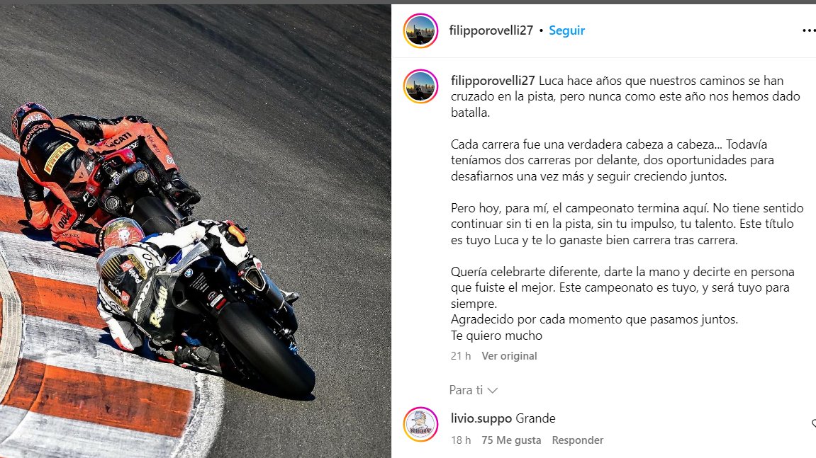 ❤️ GRANDEZA Y CORAZÓN ❤️

Filippo Rovelli, gran rival de Luca Salvadori en el National Trophy 1000 esta temporada, ha decidido no disputar las dos últimas carreras para que Luca sea el campeón.

🙌🙌🙌🙌🙌🙌🙌🙌🙌