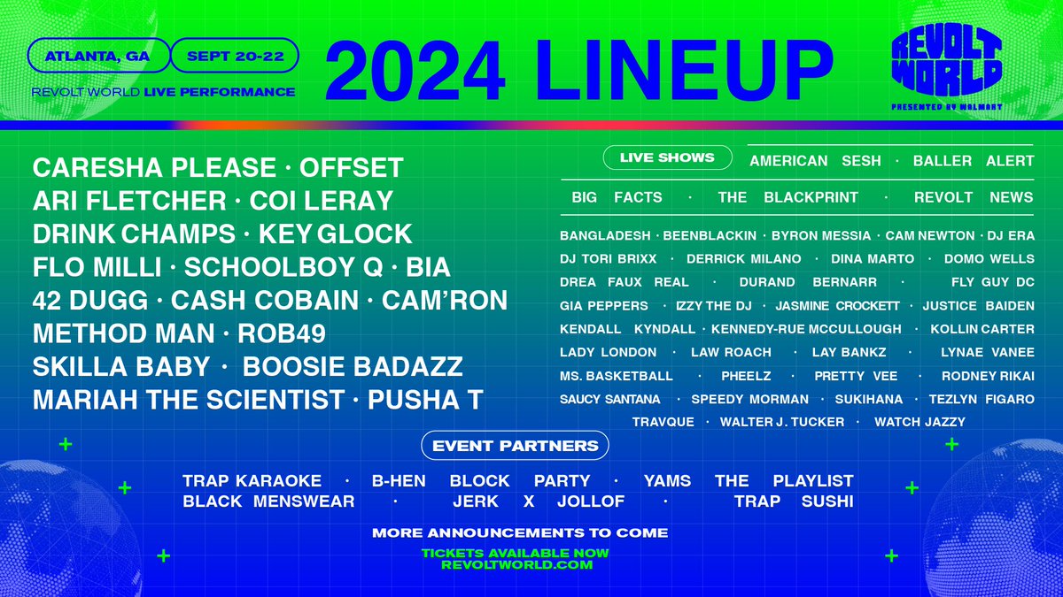 Happy #REVOLTWORLD week 🚀🌍 

From <a href="/YungMiami305/">Yung Miami</a> to, <a href="/rob49up/">KRAZYMAN</a>, <a href="/CashCobain_2x/">Cash Cobain</a>, to <a href="/OffsetYRN/">OFFSET</a> and more, @REVOLTWORLD presented by <a href="/Walmart/">Walmart</a> takes over ATL📍 THIS WEEKEND!

Don’t miss the biggest stage for the culture 🏟️! Secure your tix 🎟️ 📲REVOLTWORLD.COM