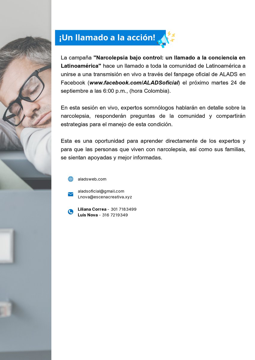 Asociación Latinoamericana de Sueño (@aladsoficial) on Twitter photo En <a href="/aladsoficial/">Asociación Latinoamericana de Sueño</a> creamos la campaña Narcolepsia: Un llamado a la conciencia en Latinoamérica, donde diferentes expertos hablarán sobre esta condición poco comprendida.
¡Sumémonos para dar visibilidad y sensibilizar!
📄 Lee el comunicado de prensa aquí.
#SaludMental #Narcolepsia En <a href="/aladsoficial/">Asociación Latinoamericana de Sueño</a> creamos la campaña Narcolepsia: Un llamado a la conciencia en Latinoamérica, donde diferentes expertos hablarán sobre esta condición poco comprendida.
¡Sumémonos para dar visibilidad y sensibilizar!
📄 Lee el comunicado de prensa aquí.
#SaludMental #Narcolepsia