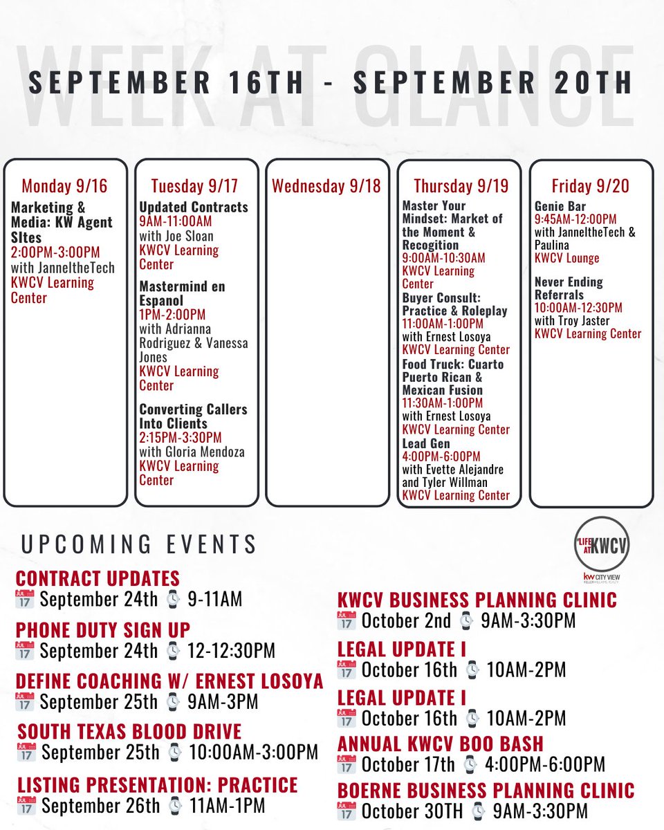 KW_cityview's tweet image. 𝕎𝕖𝕖𝕜 𝕒𝕥 𝕘𝕝𝕒𝕟𝕔𝕖

📅 Week At Glance | September 16th-20th ✨

🔗RSVP at LifeAtKWCV.com/kwcv-live

#lifeatkwcv #kwcityview #kwcv #wag #september #explorepage #trending #explore #realestate #sanantonio