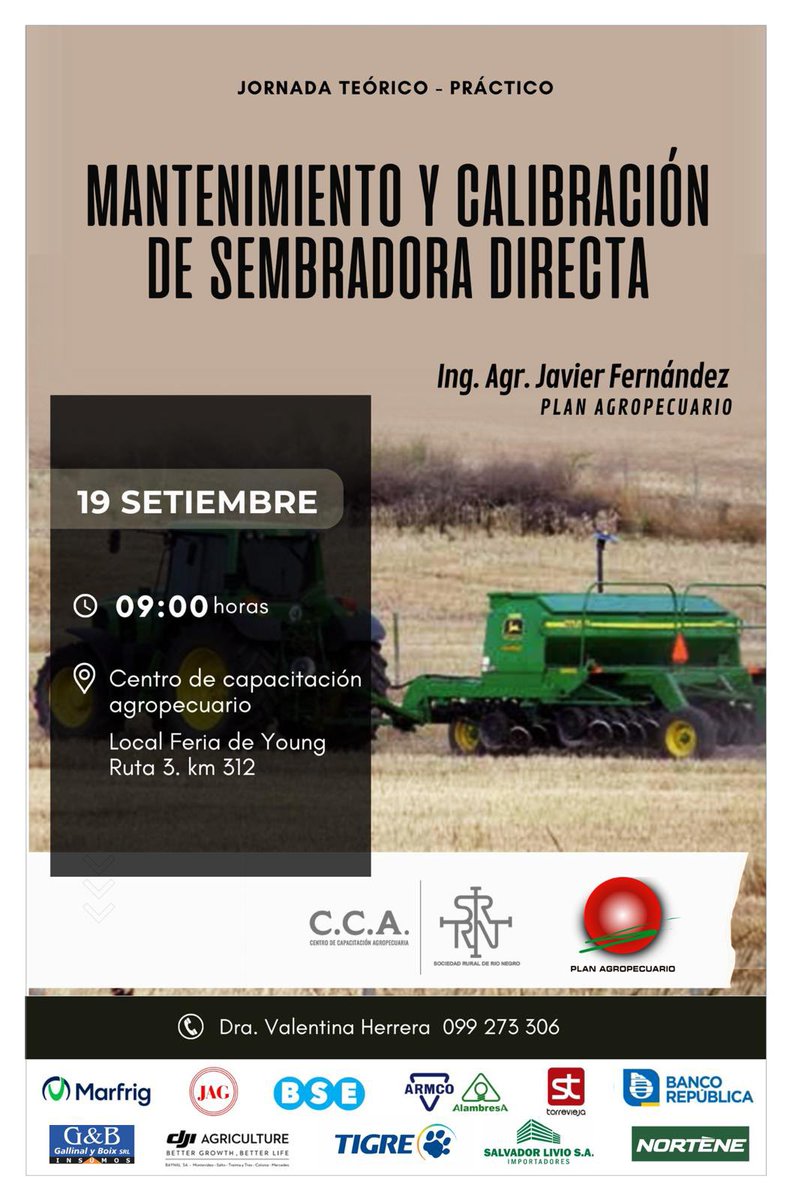 👉🏻Próximo JUEVES 19/9 Jornada de teórico- práctico:
“Mantenimiento y calibración de sembradora directa”
@planagropecuario 
🕣9 horas 
📍Ruta 3, km 312. 
<a href="/PlanAgro/">Plan Agropecuario</a> <a href="/RuralRioNegro/">Sociedad Rural de Río Negro</a>
