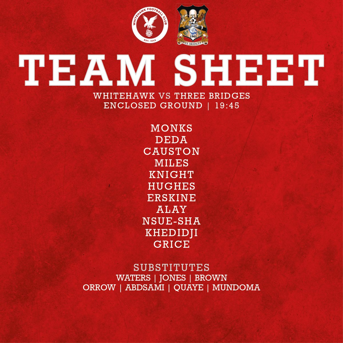 🦅Your <a href="/HawksFCYouth/">Whitehawk FC Youth</a> lineup for tonight's FA Youth Cup match against <a href="/ThreeBridgesFC/">Three Bridges FC</a> 

#COYH