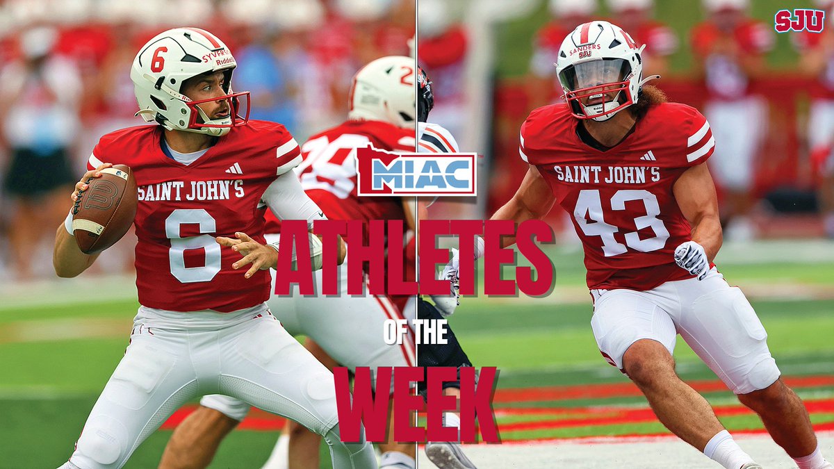 Saint John's Athletics (@sjujohnnies) on Twitter photo Congratulations to <a href="/SJUFootball/">Johnnie Football</a> senior LB Hayden Sanders & senior QB Aaron Syverson for earning MIAC Football's Defensive & Offensive Player of the Week honors, respectively, today!
RELEASE: gojohnnies.com/news/2024/9/16…
#GoJohnnies #d3fb Congratulations to <a href="/SJUFootball/">Johnnie Football</a> senior LB Hayden Sanders & senior QB Aaron Syverson for earning MIAC Football's Defensive & Offensive Player of the Week honors, respectively, today!
RELEASE: gojohnnies.com/news/2024/9/16…
#GoJohnnies #d3fb