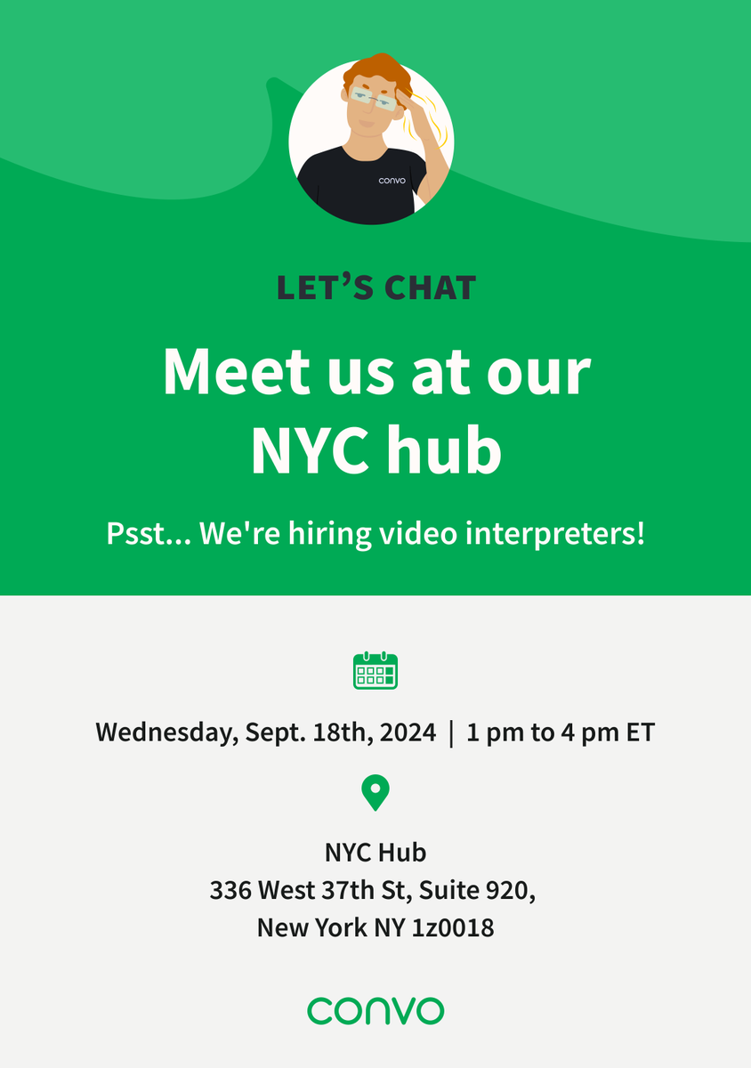 🌟 Attention NYC Interpreters! Join us and chat about opportunities with Convo. Mark your calendars, bring your resumes, and come ready to shine! 

#NYCInterpreters #MeetAndGreet #JobOpportunities #Networking #InterpretingCareer #NYCHub #InterpreterJobs