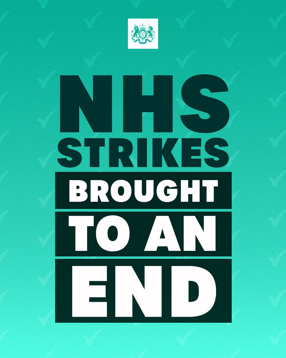 ✅ BREAKING: Junior doctors have voted to accept the pay offer agreed with <a href="/TheBMA/">The BMA</a> in July.

This brings an end to strikes which have cost patients 1.5M cancelled appointments and taxpayers £1.7Bn.

This is the first step in our mission to cut waiting lists and reform the NHS.