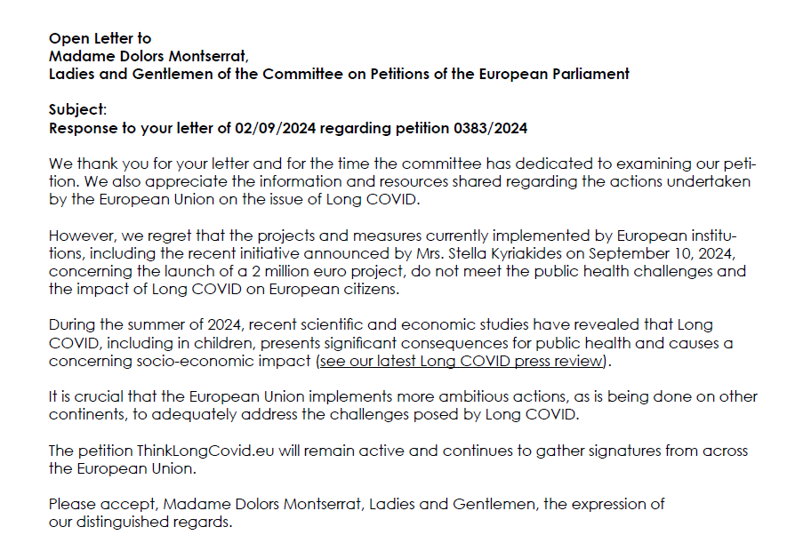 📢 Open Letter to Dolors Montserrat <a href="/DolorsMM/">Dolors Montserrat</a> &amp;
Committee on Petitions of the European Parliament
📝 Subject: Response to your letter of 02/09/2024 regarding petition 0383/2024

We thank you for your letter and for the time the committee has dedicated to examining our petition.