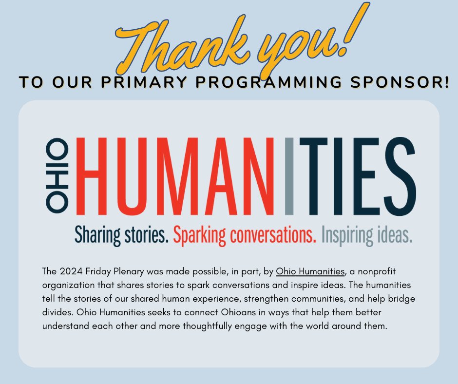 Oral History Association (@oralhistory) on Twitter photo Leading up to our 2024 Annual Meeting,
we'd like to highlight our sponsors who help make this
meeting possible. Thank you to <a href="/OhioHumanities/">Ohio Humanities</a> for
being our Primary programming sponsor for our
conference! 👏✨ Leading up to our 2024 Annual Meeting,
we'd like to highlight our sponsors who help make this
meeting possible. Thank you to <a href="/OhioHumanities/">Ohio Humanities</a> for
being our Primary programming sponsor for our
conference! 👏✨
