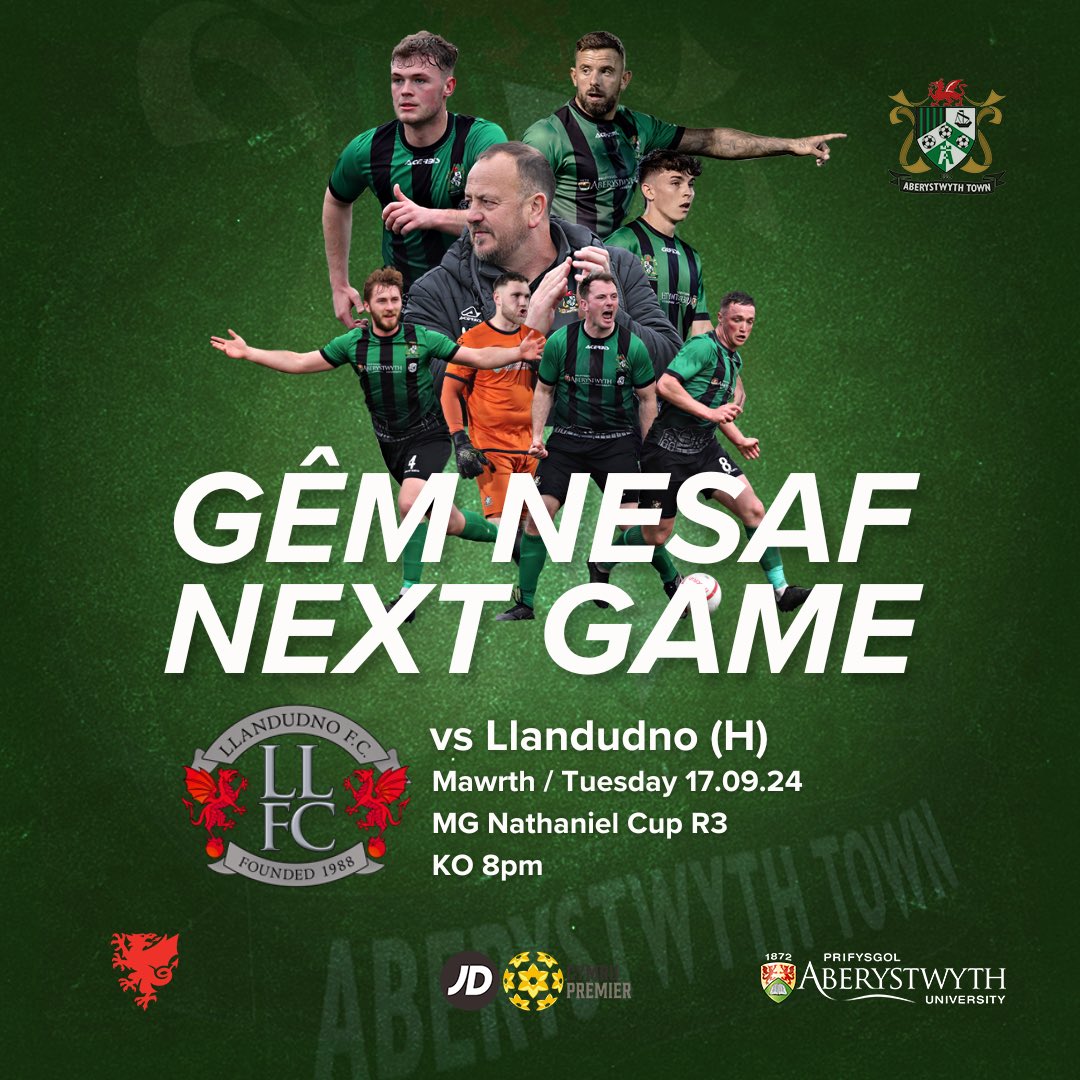 CPD Tref Aberystwyth Town FC (@aberystwythtown) on Twitter photo ❗️FORY / TOMORROW❗️
🏆 MG Nathaniel Cup R3
🆚 <a href="/LlandudnoFC/">Llandudno FC</a>
🏟️ Adre / Home
⏰ 20:00 CC / KO
Having overcome Colwyn Bay in Round 2, we welcome Llandudno FC to Ceredigion for a place in the Quarter-Final 💚
Rhagflas / Preview 👉 shorturl.at/MTSsO
#AberAsOne #Seasiders ❗️FORY / TOMORROW❗️
🏆 MG Nathaniel Cup R3
🆚 <a href="/LlandudnoFC/">Llandudno FC</a>
🏟️ Adre / Home
⏰ 20:00 CC / KO
Having overcome Colwyn Bay in Round 2, we welcome Llandudno FC to Ceredigion for a place in the Quarter-Final 💚
Rhagflas / Preview 👉 shorturl.at/MTSsO
#AberAsOne #Seasiders