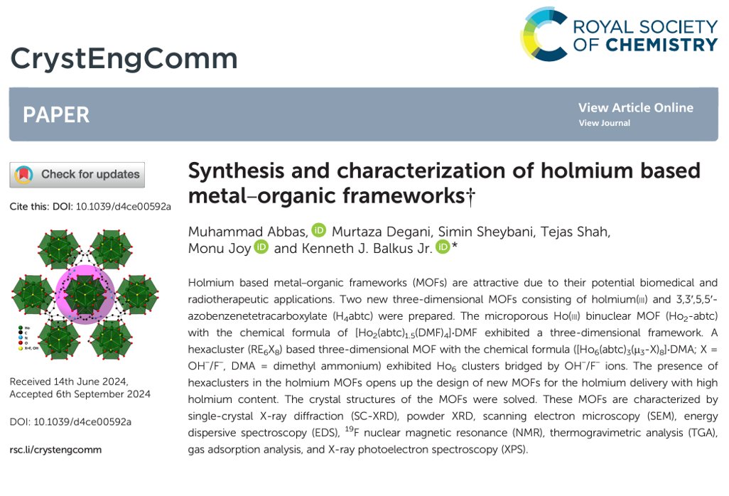 Another one is out of the door. Thanks to all the co-authors for their help. Murtaza, @tshah002, <a href="/SiminSheybani/">simin sheybani</a>, <a href="/mjoy_1991/">Monu Joy</a>, and <a href="/BalkusLab/">Balkus Lab</a>
Available at: doi.org/10.1039/D4CE00… 
#MOFs #Chemtwitter