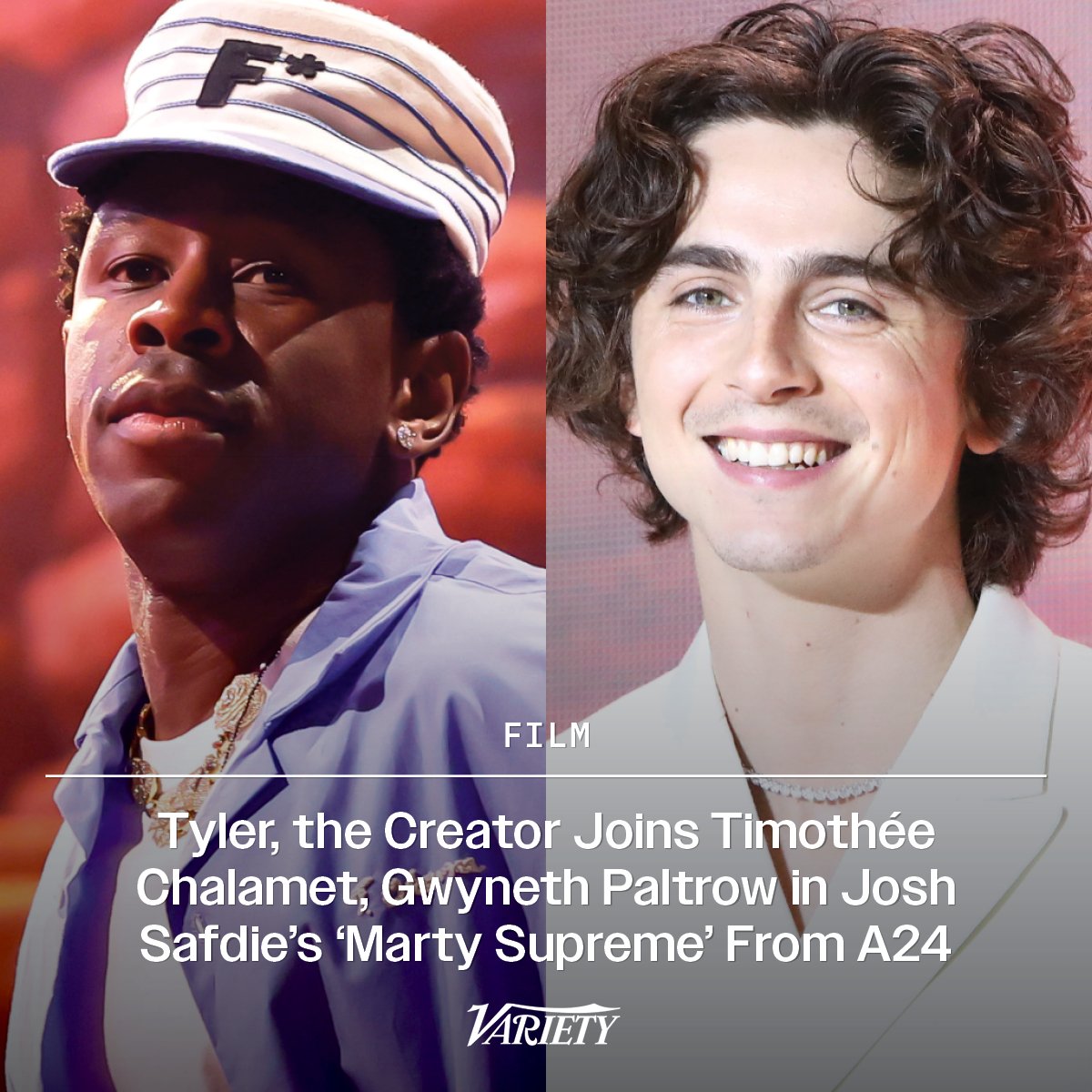 Variety's tweet image. Six years after Tyler, the Creator rapped, “Tell Tim Chalamet to come get at me,” the Grammy winner has joined the “Dune” star in the cast of A24’s “Marty Supreme.” wp.me/pc8uak-1lEK4d